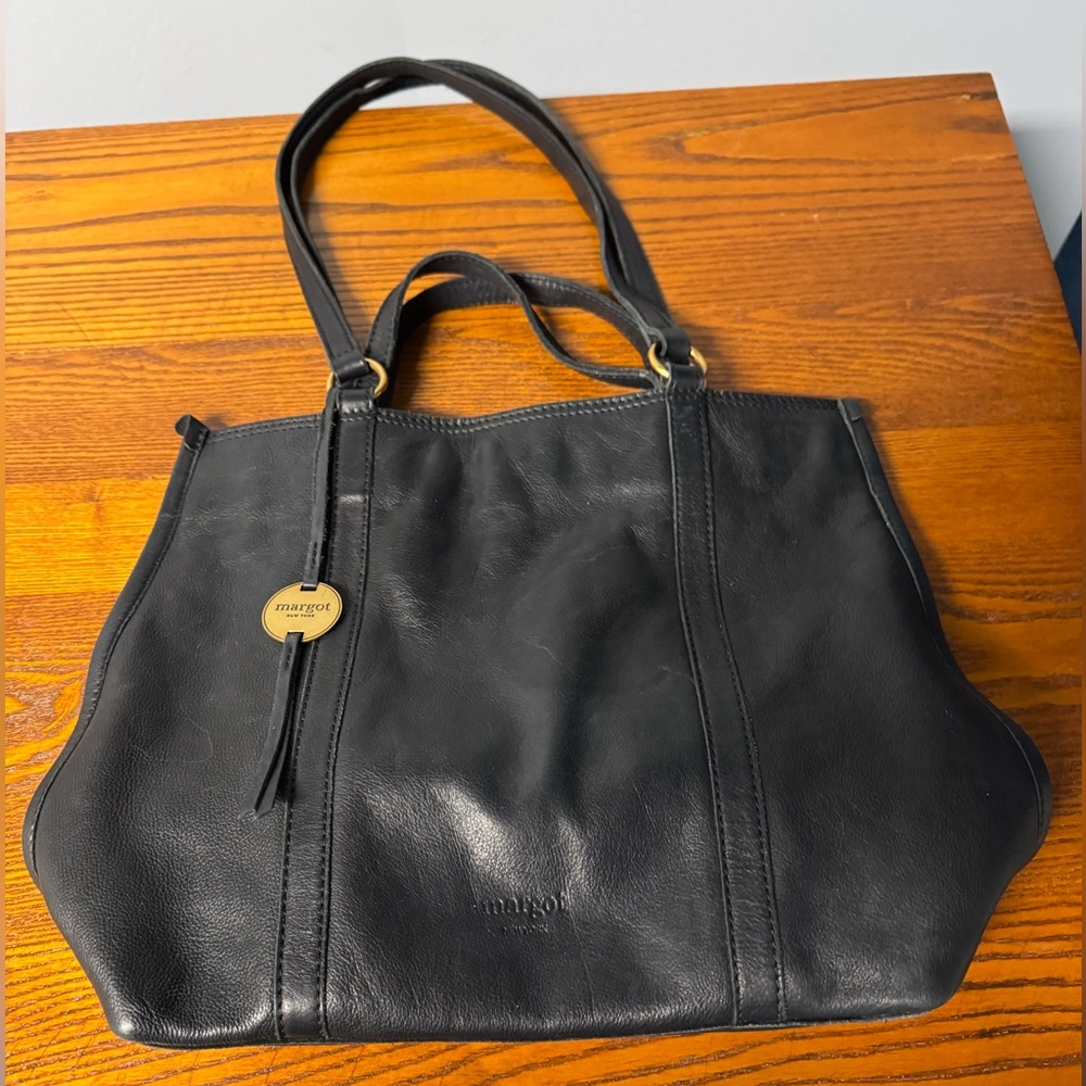 Margot Newyork Black Leather Purse ~ 100% Leather 14”W x 11”T
